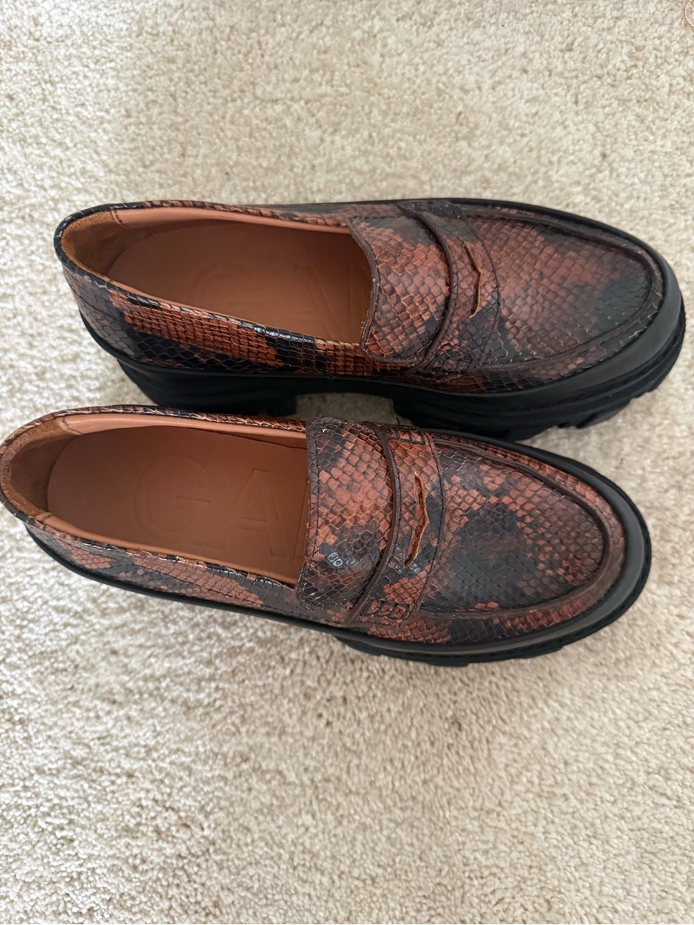 Ganni Loafers Snakeskin Embossed Chunky Platform in Brown Black - Picture 4 of 8